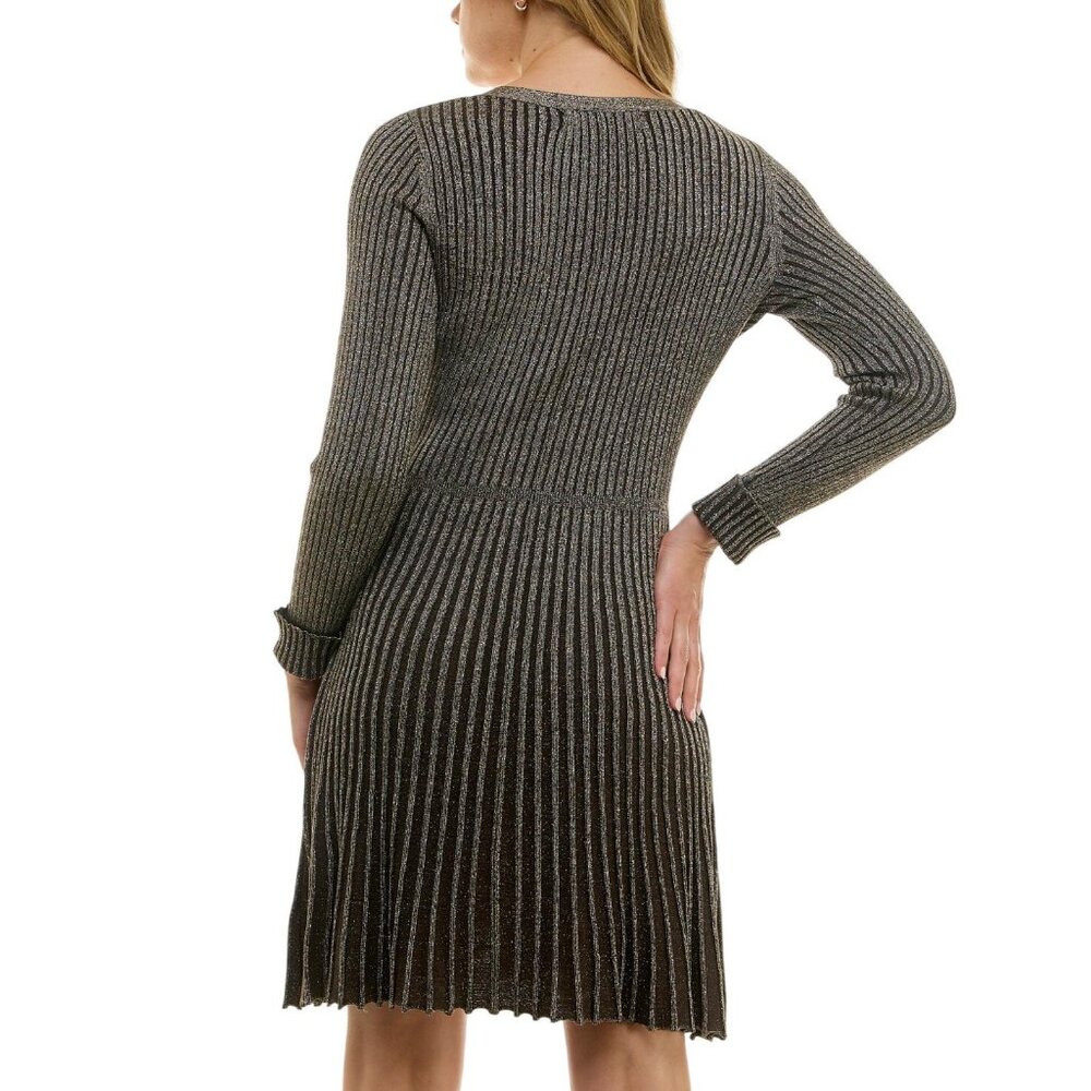 NWT Taylor Womens Petite Metallic Fit Flare Sweater Dress 6750P Brown / Gold PM - Picture 2 of 9